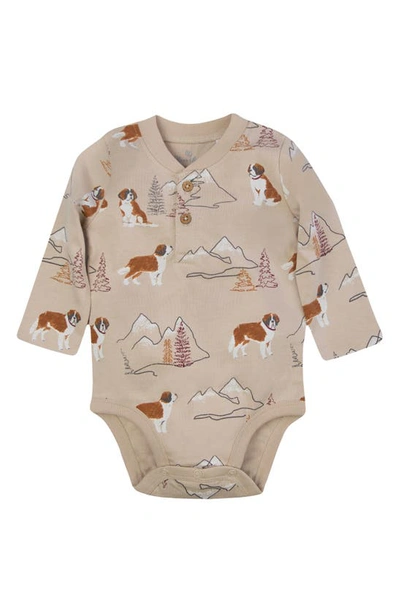 Oliver & Rain Babies' St. Bernard Print Organic Cotton Bodysuit In Khaki