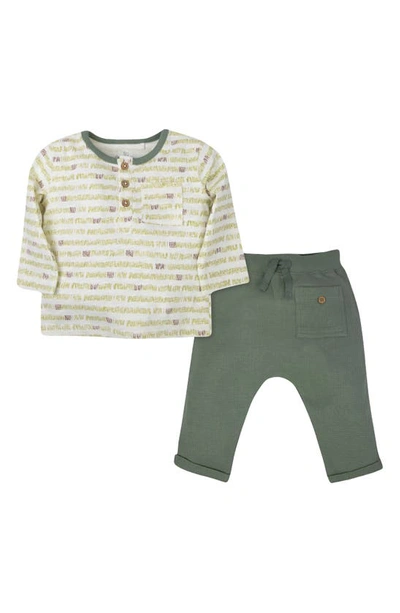 Oliver & Rain Babies' Geo Stripe Organic Cotton Henley & Thermal Pants Set In Sage