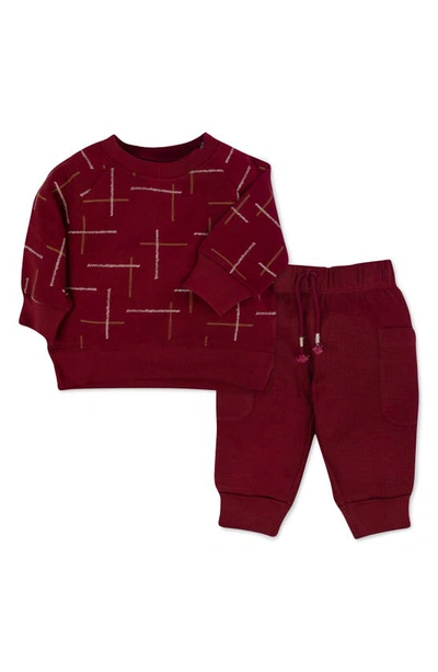 Oliver & Rain Babies' Print Organic Cotton Sweatshirt & Honeycomb Pants Set In Cranberry