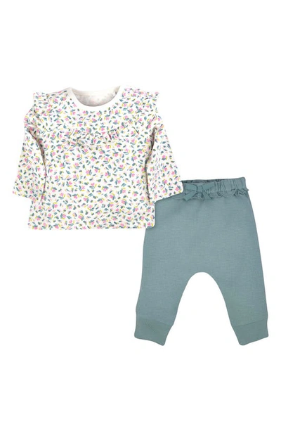 Oliver & Rain Babies' Floral Organic Cotton Ruffle T-shirt & Thermal Joggers Set In Blue
