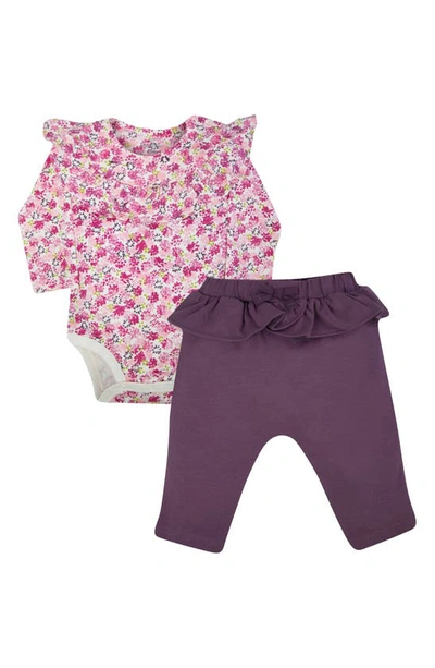 Oliver & Rain Babies' Floral Ruffle Organic Cotton Bodysuit & Pants Set In Plum