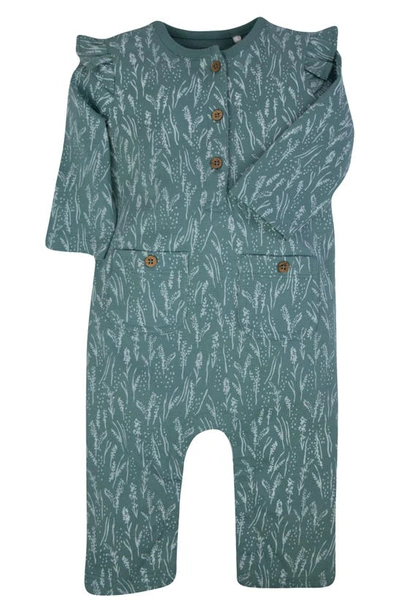 Oliver & Rain Babies' Floral Ruffle Organic Cotton Henley Romper In Blue