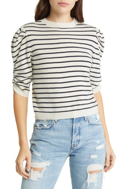 Frame Stripe Ruched Sleeve Cashmere Sweater In Offwhmul