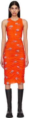 Ganni + Net Sustain Ruched Floral-print Stretch Recycled-mesh Dress In Orange