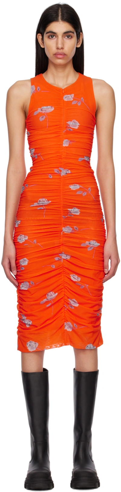 Ganni Ruched Floral Midi Dress In Orangeade