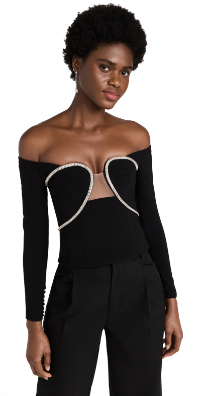 Self-portrait Off-shoulder Diamante-trim Crop Top In Black