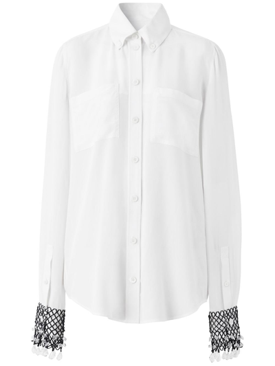 Burberry Paola Cry Embellished Fishnet Overlay Silk Button-down Shirt In Natural White