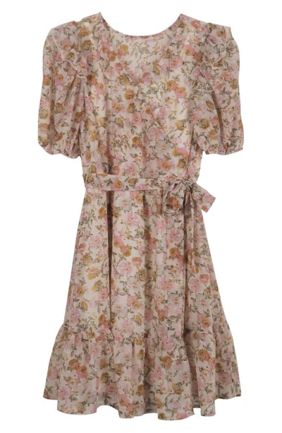 Zunie Kids' Floral Short Sleeve Chiffon Dress In Ivory/blush