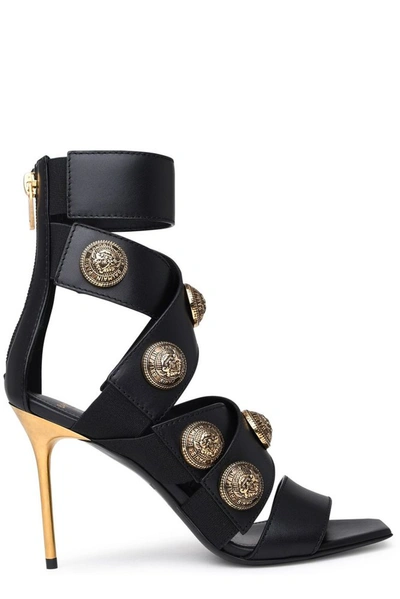 Balmain Button-embellished Stiletto Sandals In Black/gold