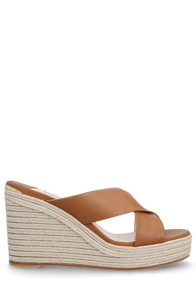 Jimmy Choo Dovina Leather Crisscross Wedge Espadrilles In Brown