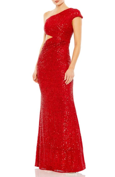 Ieena For Mac Duggal Sequined One Shoulder Cap Sleeve Cut Out Gown In Red