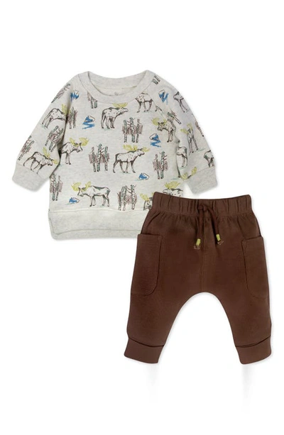 Oliver & Rain Babies' Moose Organic Cotton Sweatshirt & Pants Set In Brown