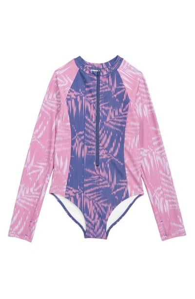 Zella Girl Kids' Trinity Long Sleeve One-piece Rashguard Swimsuit In Blue- Purple Seamless Palm