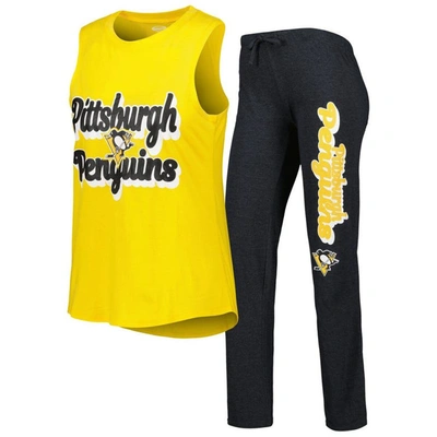 Concepts Sport Gold/heather Black Pittsburgh Penguins Meter Muscle Tank Top & Pants Sleep Set