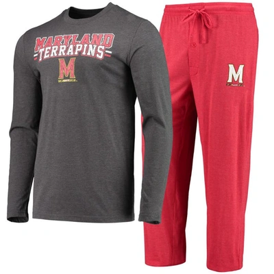 Concepts Sport Red/heathered Charcoal Maryland Terrapins Meter Long Sleeve T-shirt & Pants Sleep Set In Red,heather Charcoal