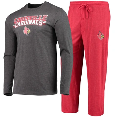 Concepts Sport Red/heathered Charcoal Louisville Cardinals Meter Long Sleeve T-shirt & Pants Sleep S In Red,heathered Charcoal
