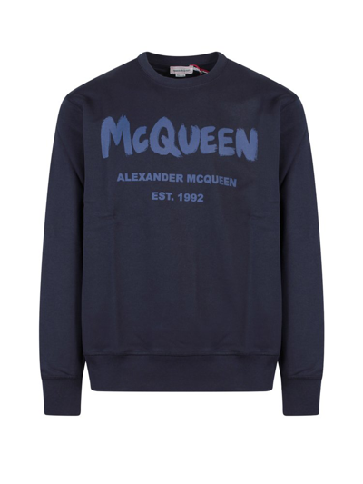 Alexander Mcqueen Graffiti Logo Cotton Sweatshirt In Blue