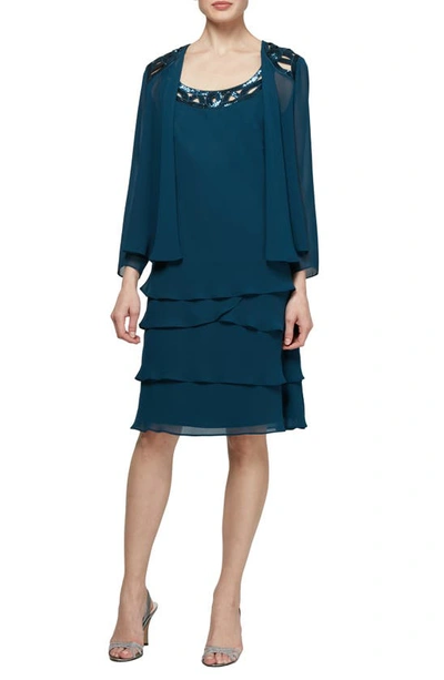 Slny 3/4 Sleeve Sequin Dress & Jacket Set In Mid Teal