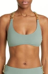 Stella Mccartney Falabella Chain Detail Bikini Top In Khaki