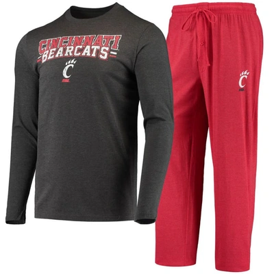 Concepts Sport Red/heathered Charcoal Cincinnati Bearcats Meter Long Sleeve T-shirt & Pants Sleep Se In Red,heathered Charcoal