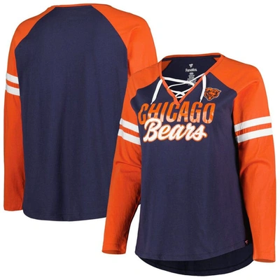 Fanatics Branded Navy/orange Chicago Bears Plus Size True To Form Lace-up V-neck Raglan Long Sleeve In Navy,orange