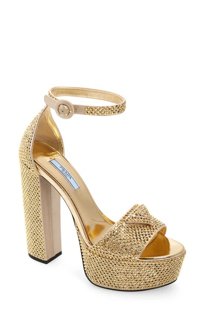 Prada Crystal Ankle-strap Platform Sandals In Gold