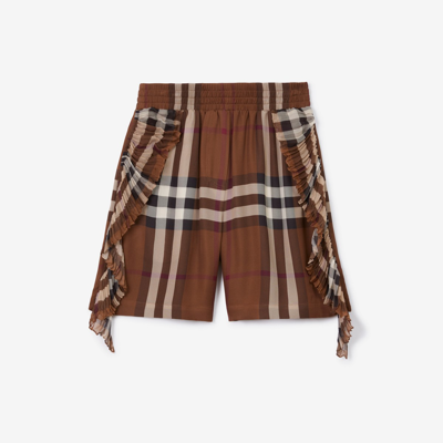 Burberry Chiara High-rise Check Shorts W/ Ruffle Detail In Dark Brick Brown