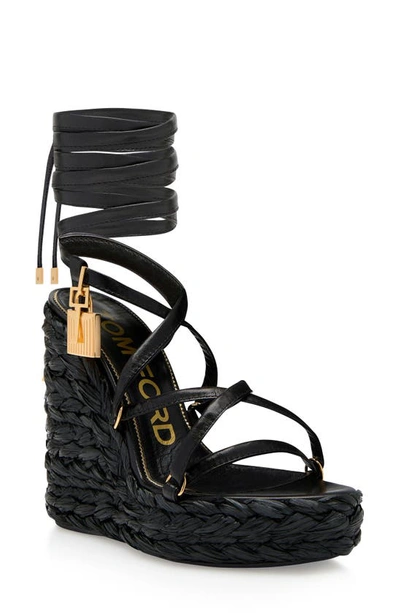 Tom Ford Rope Ankle-wrap Wedge Sandals In Black