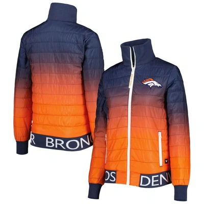 The Wild Collective Women's Navy, Orange Denver Broncos Color Block Full-zip Puffer Jacket In Navy,orange