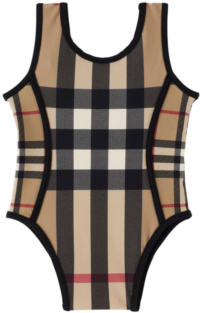 Burberry Kids'  Childrens Contrast Check Stretch Nylon Swimsuit In Archive Beige