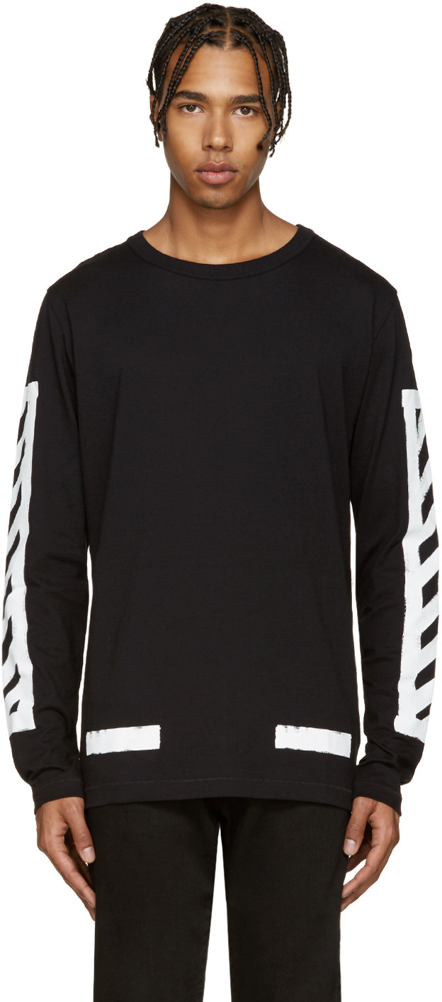 Off-white Brushed Lines Long-sleeve Graphic T-shirt, Black/white | ModeSens