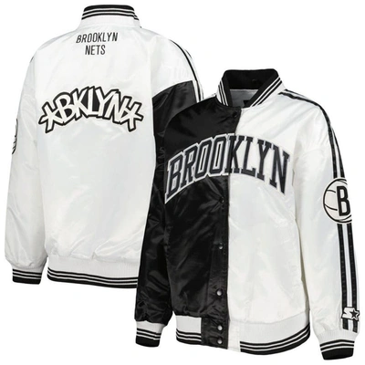 Starter Black/white Brooklyn Nets Split Colorblock Satin Full-snap Varsity Jacket