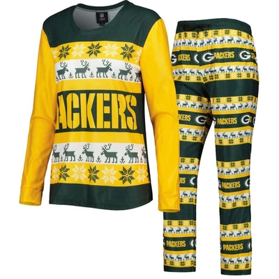 Foco Green Green Bay Packers Holiday Ugly Pajama Set In College Navy,neon Green
