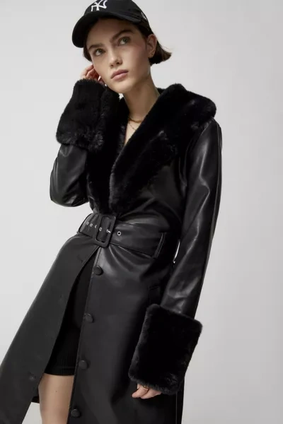 Lioness Brooklyn Faux Leather Long Coat In Black