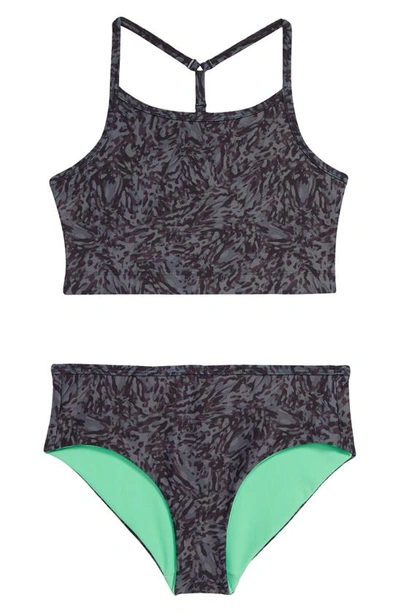 Zella Girl Kids' Reversible Two-piece Swimsuit In Black Splash Camo
