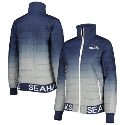 The Wild Collective Women's  College Navy, Gray Seattle Seahawks Color Block Full-zip Puffer Jacket In Navy,gray