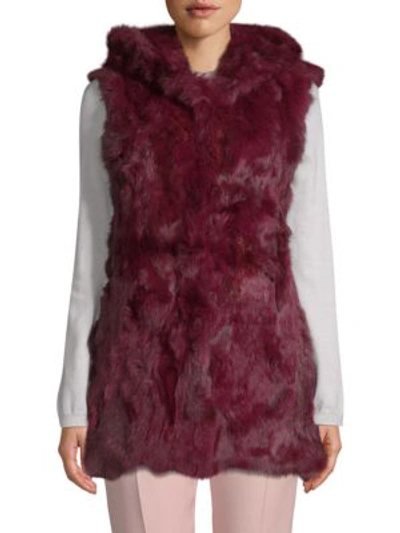 Adrienne Landau Hooded Rabbit Fur Vest In Cranberry