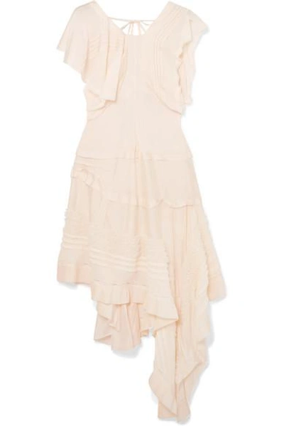 Chloé Asymmetric Lace-trimmed Silk-blend Midi Dress In Cream