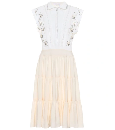 Chloé Embellished Broderie Anglaise Linen And Cady Midi Dress In Ivory