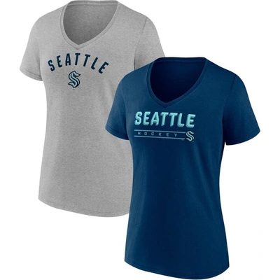 Fanatics Women's  Deep Sea Blue, Gray Seattle Kraken Parent 2-pack V-neck T-shirt Set In Deep Sea Blue,gray