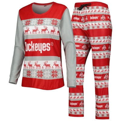 Foco Women's  Scarlet Ohio State Buckeyes Ugly Long Sleeve T-shirt And Pajama Pants Sleep Set