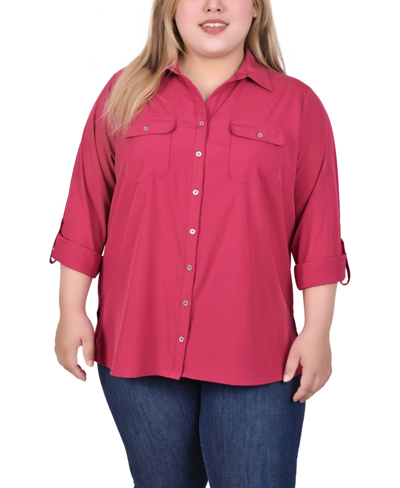 Ny Collection Plus Size 3/4 Sleeve Roll Tab Notch Collar Blouse In Beet Red,black Line Box