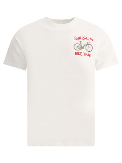 Mc2 Saint Barth Man Cotton T-shirt With Bike Print In White