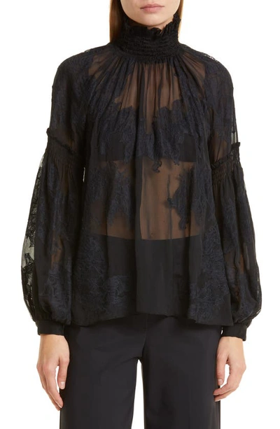 Twp The Baby Jane Smocked Neck Silk Trapeze Blouse In Black