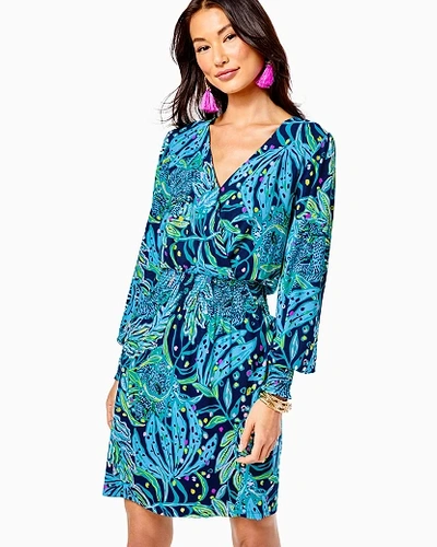 Lilly Pulitzer Talley Smocked Waist Long Sleeve Dress In Navy Blue
