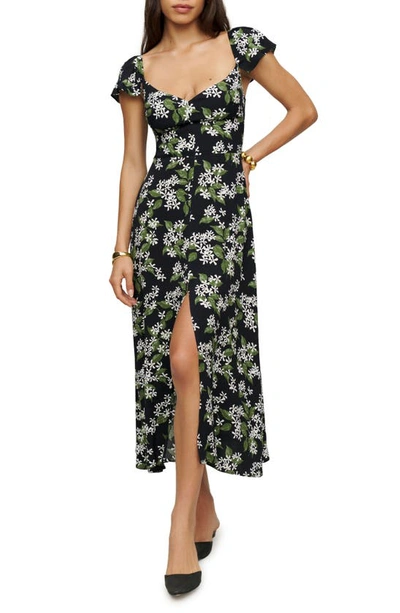 Reformation Baxley Floral-print Crepe De Chine Midi Dress In Black,multi