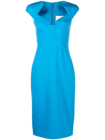 Roland Mouret Plunging Cutout Strong-shoulder Cady Midi Dress In Blue