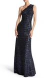 Michael Kors Sequined Jersey One Shoulder Dress In Navy