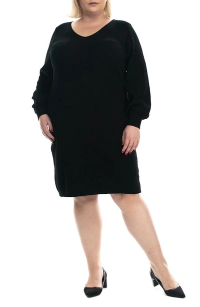 Nina Leonard V-neck Balloon Sleeve Sweater Dress In Black