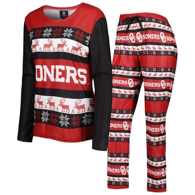 Foco Women's  Crimson Oklahoma Sooners Ugly Long Sleeve T-shirt And Pajama Pants Sleep Set